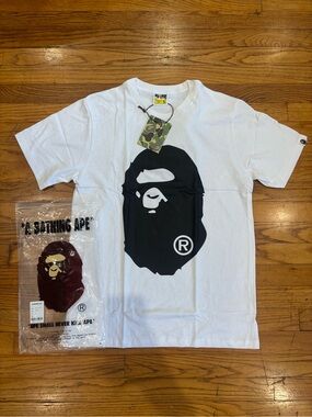 A Bathing Ape White Short Sleeve Tee with Black Ape Head Logo